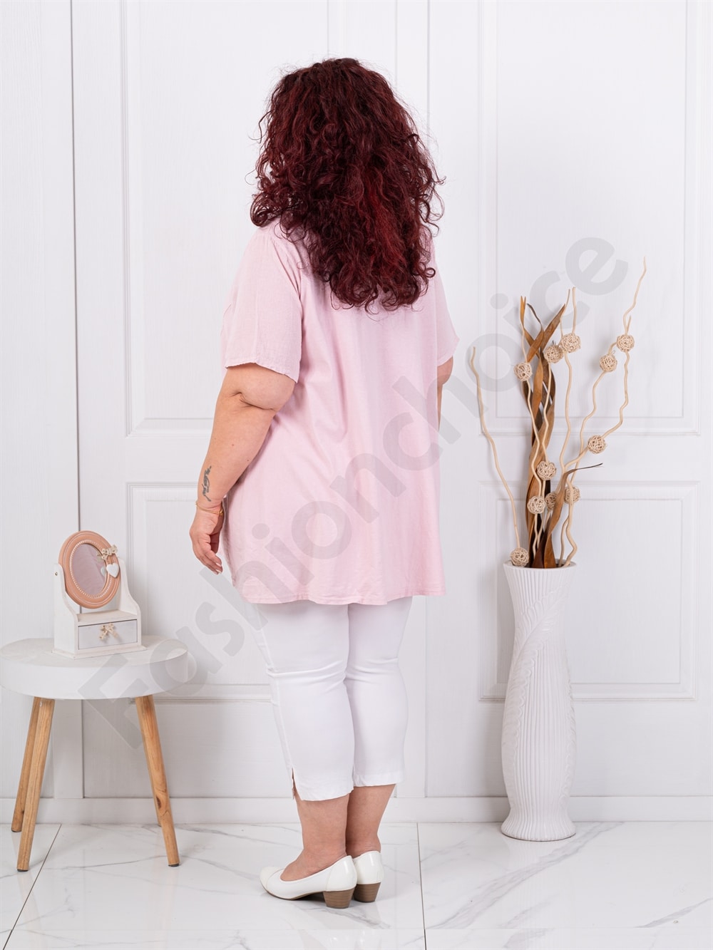 Plus size βαμβακερή/λινή μπλούζα με κολιέ-ροζ-κωδ 7753-5