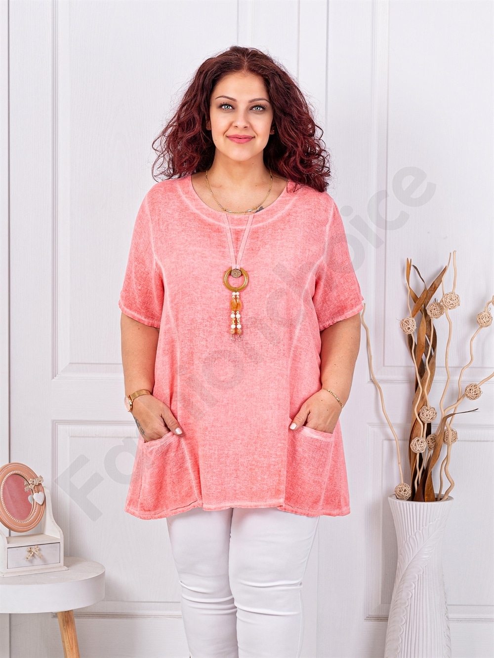 Plus size βαμβακερή/λινή μπλούζα με κολιέ-κοραλί-κωδ 7753-2