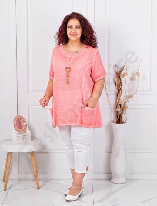 Plus size βαμβακερή/λινή μπλούζα με κολιέ-κοραλί-κωδ 7753-2