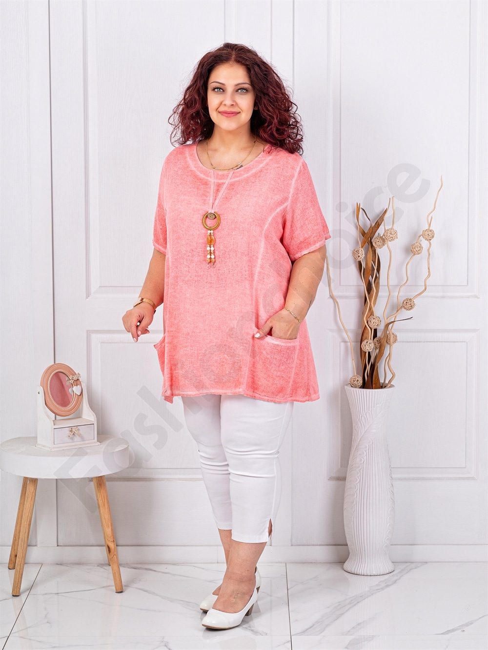 Plus size βαμβακερή/λινή μπλούζα με κολιέ-κοραλί-κωδ 7753-2