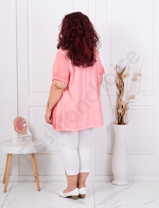 Plus size βαμβακερή/λινή μπλούζα με κολιέ-κοραλί-κωδ 7753-2