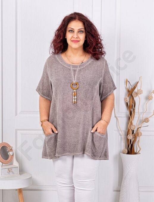 Plus size βαμβακερή/λινή μπλούζα με κολιέ-μόκα-κωδ 7753-7