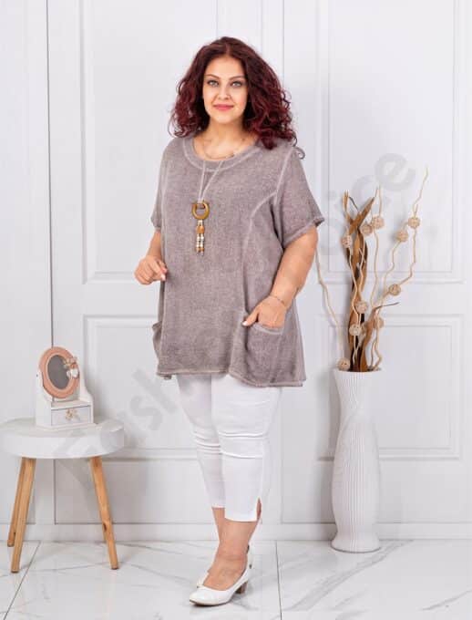 Plus size βαμβακερή/λινή μπλούζα με κολιέ-μόκα-κωδ 7753-7