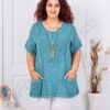 Plus size βαμβακερή/λινή μπλούζα με κολιέ-τυρκουάζ-κωδ 7753-3