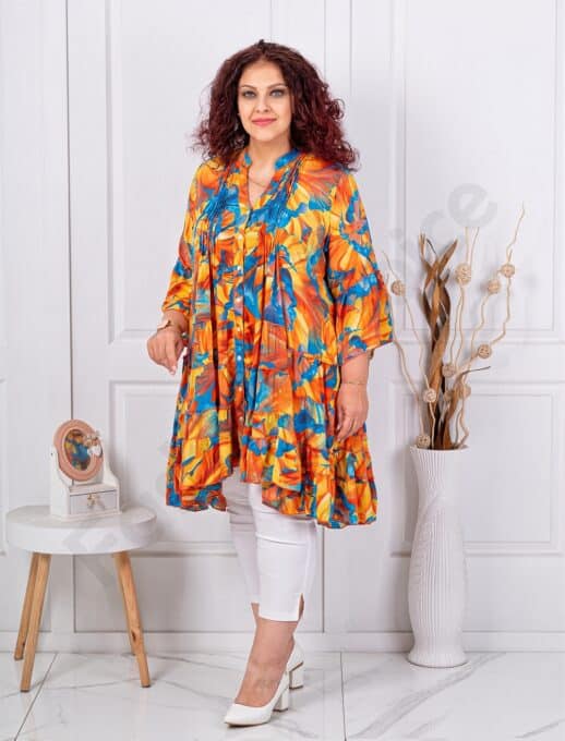 Plus size μεταξωτή τουνίκ με βολάν-πορτοκαλί/μπλε-κωδ 9324