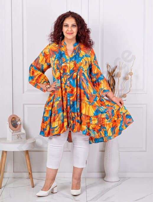 Plus size μεταξωτή τουνίκ με βολάν-πορτοκαλί/μπλε-κωδ 9324