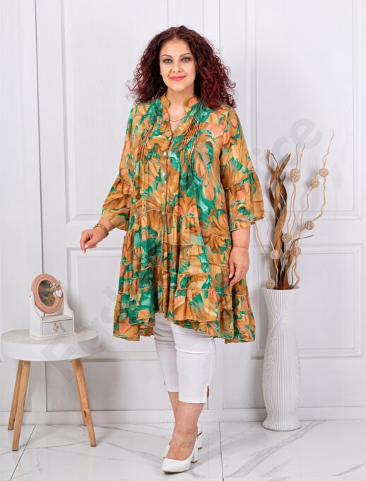 Plus size μεταξωτή τουνίκ με βολάν-μπεζ/πράσινο-κωδ 9331