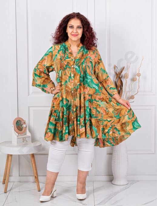 Plus size μεταξωτή τουνίκ με βολάν-μπεζ/πράσινο-κωδ 9331