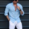 Ανδρικό 100% λινό πουκάμισο μάο γιακά-γαλάζιο-κωδ 50165-8