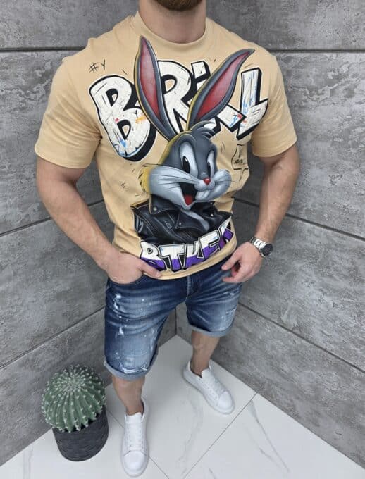 T-shirt με τύπωμα Bugs Bunny-μπεζ-κωδ 1597-2