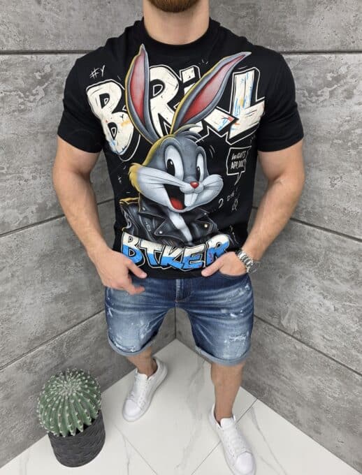 T-shirt με τύπωμα Bugs Bunny-μαύρο-κωδ 1597
