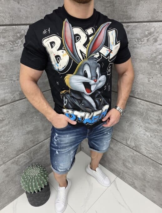 T-shirt με τύπωμα Bugs Bunny-μαύρο-κωδ 1597