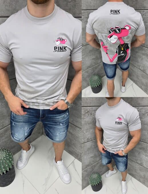 Ανδρική μπλούζα με τύπωμα Pink Panther-γκρι-κωδ 2360-1