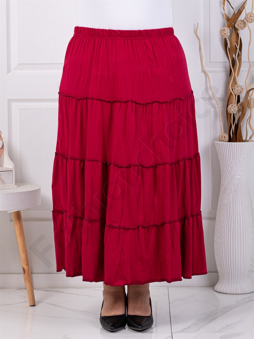 Plus size φούστα με τσαλακωμένη όψη και βολάν-μπορντό-κωδ 24429-7