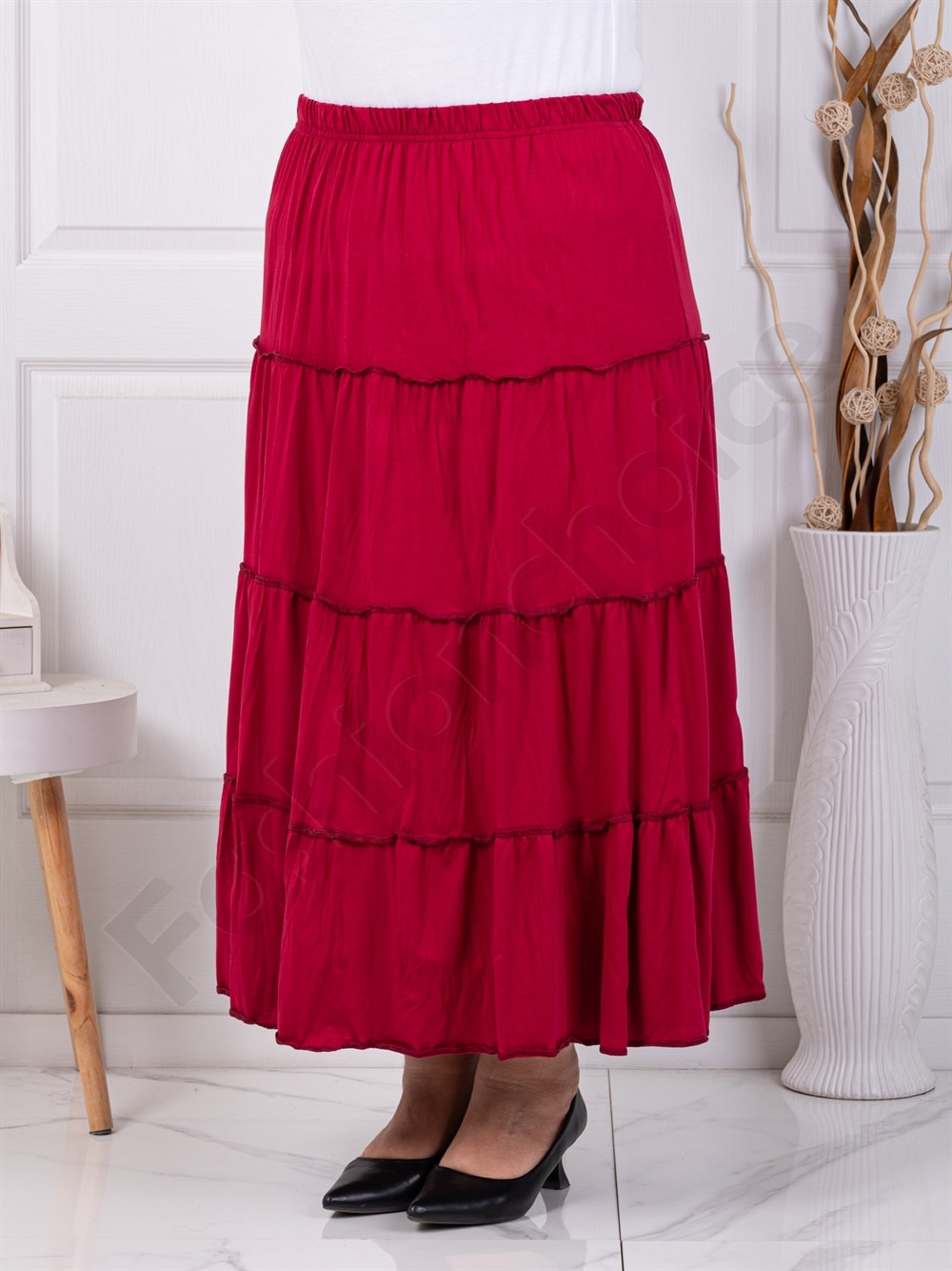 Plus size φούστα με τσαλακωμένη όψη και βολάν-μπορντό-κωδ 24429-7