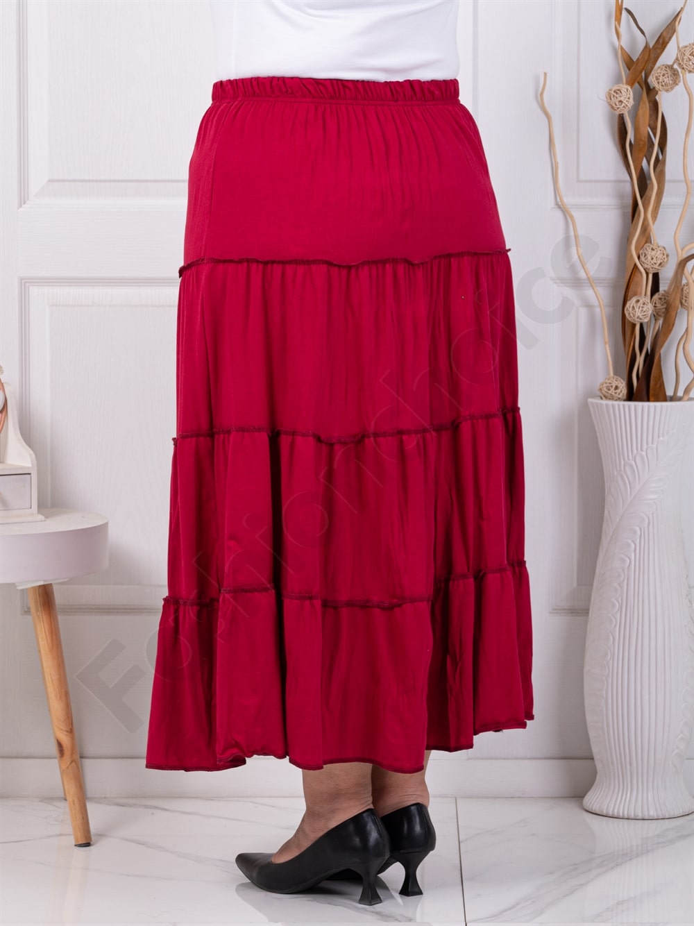 Plus size φούστα με τσαλακωμένη όψη και βολάν-μπορντό-κωδ 24429-7