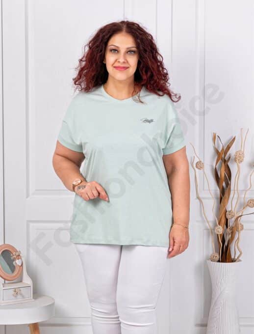 Plus size κοντομάνικη μπλούζα με διακριτικό τύπωμα-μέντα-κωδ 6965-5