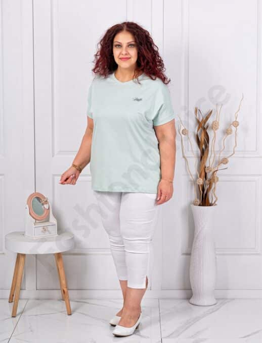 Plus size κοντομάνικη μπλούζα με διακριτικό τύπωμα-μέντα-κωδ 6965-5