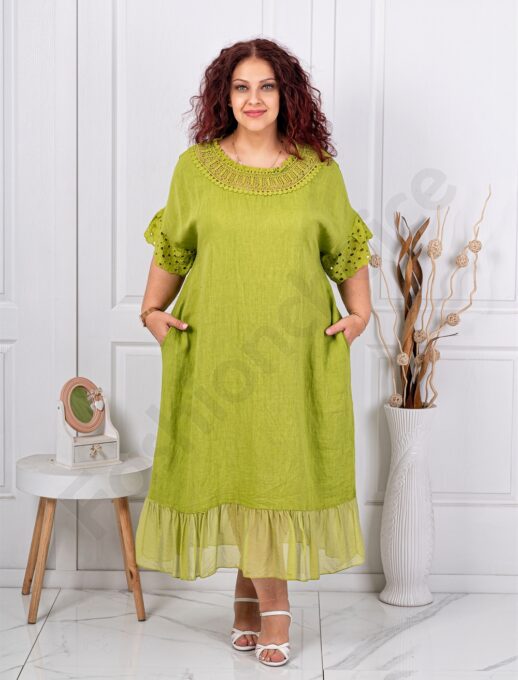 Plus size λινό φόρεμα με τρυπητό κέντημα-λάιμ-κωδ 11782-5