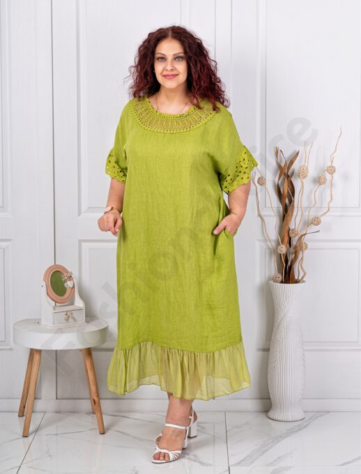Plus size λινό φόρεμα με τρυπητό κέντημα-λάιμ-κωδ 11782-5