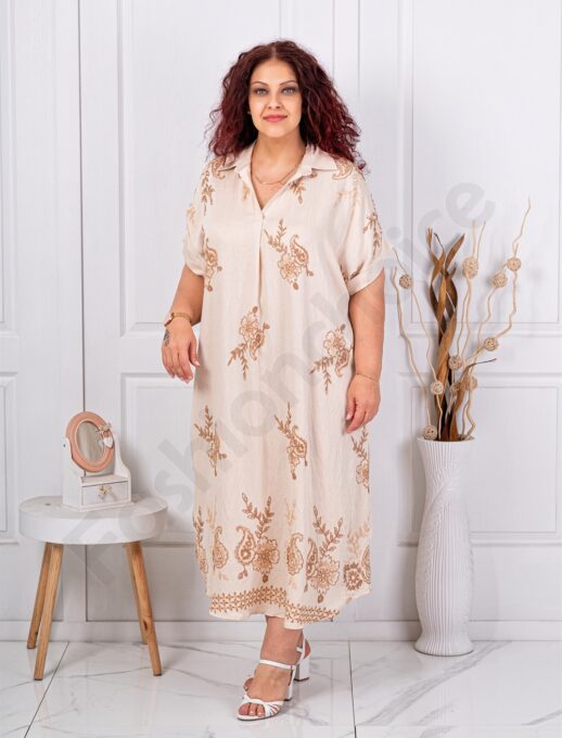 Plus size V φόρεμα με κέντημα-μπεζ-κωδ 8955