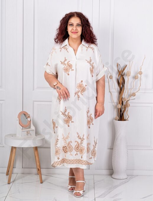 Plus size V φόρεμα με κέντημα-λευκό-κωδ 8955-2