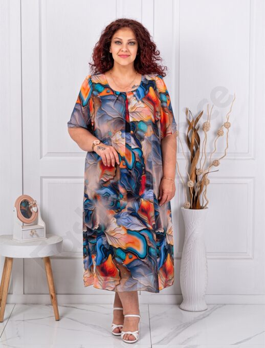 Plus size σιφόν φόρεμα φλοράλ-μπλε/πορτοκαλί-κωδ 26014-4