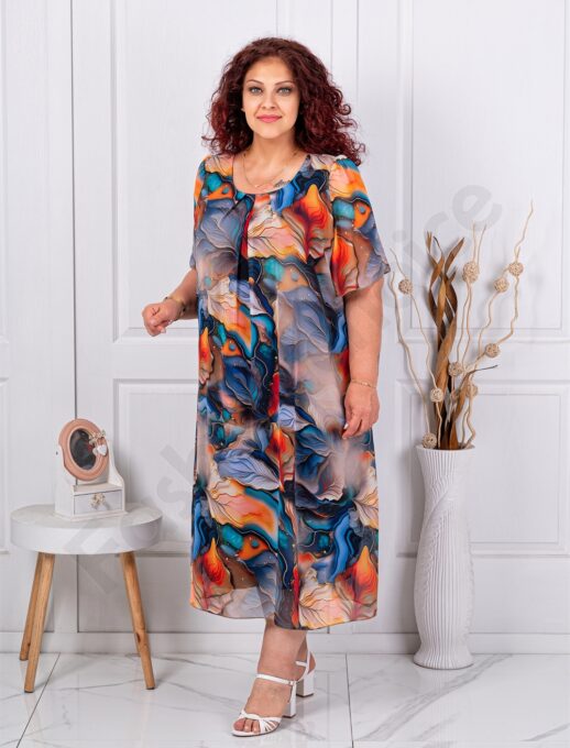 Plus size σιφόν φόρεμα φλοράλ-μπλε/πορτοκαλί-κωδ 26014-4