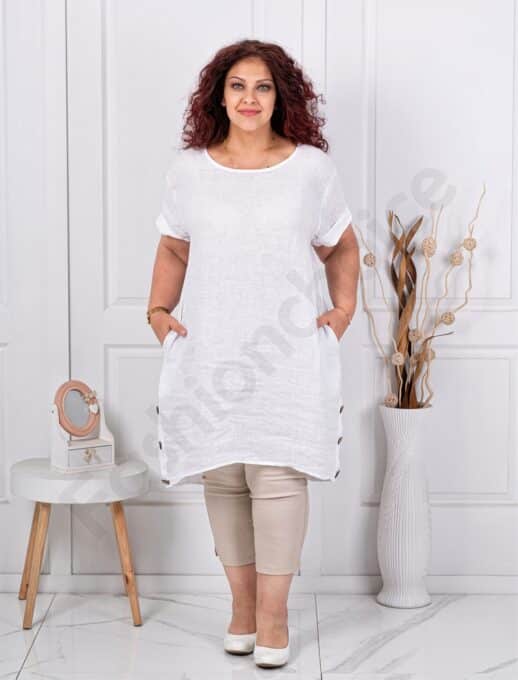 Plus size λινή τουνίκ άνετη γραμμή-λευκό-κωδ 10015-1