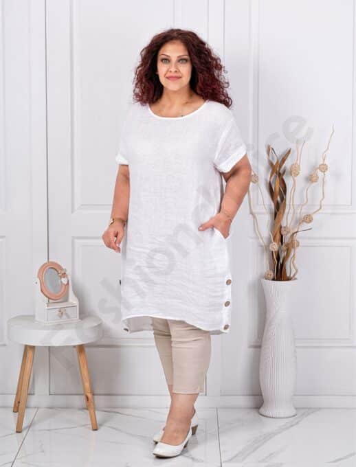 Plus size λινή τουνίκ άνετη γραμμή-λευκό-κωδ 10015-1
