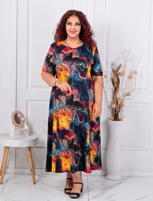 Plus size φόρεμα ιριδίζον μοτίβο-μαύρο/πορτοκαλί-κωδ Μ6085-2