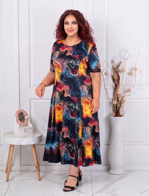Plus size φόρεμα ιριδίζον μοτίβο-μαύρο/πορτοκαλί-κωδ Μ6085-2