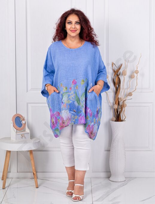 Plus size λινή τουνίκ φλοράλ-μπλε-κωδ 10077-3