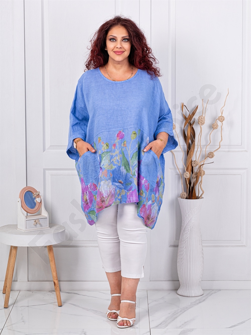 Plus size λινή τουνίκ φλοράλ-μπλε-κωδ 10077-3