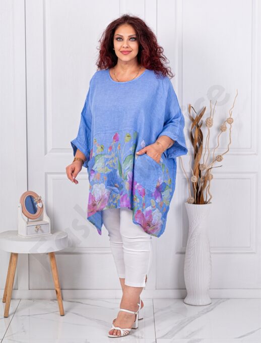 Plus size λινή τουνίκ φλοράλ-μπλε-κωδ 10077-3