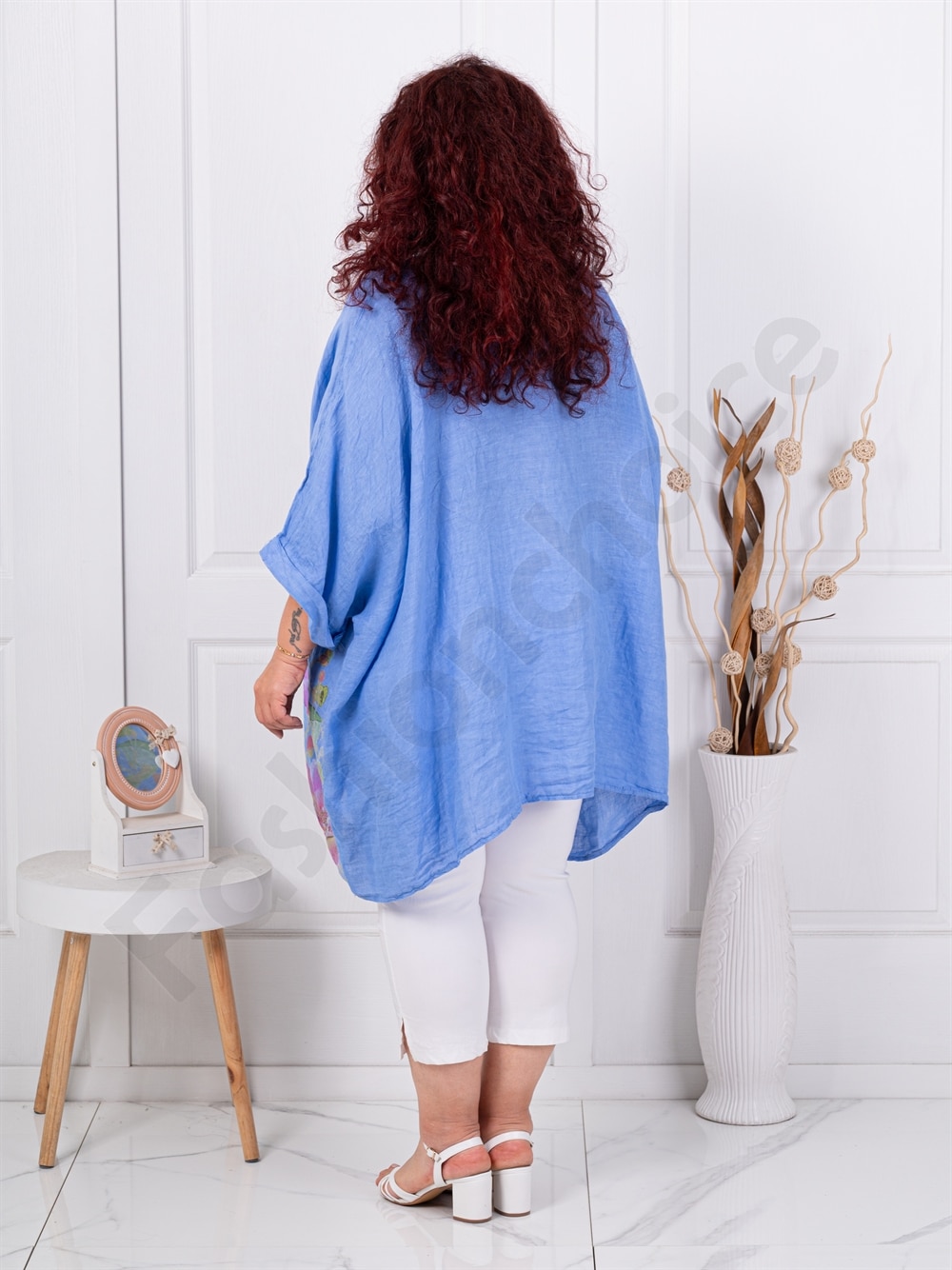 Plus size λινή τουνίκ φλοράλ-μπλε-κωδ 10077-3