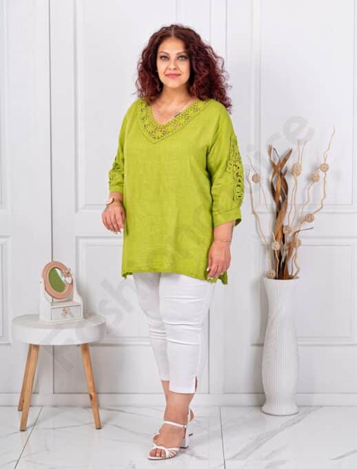Plus size μπλούζα από 100% λινό-λάιμ-κωδ 11840-4
