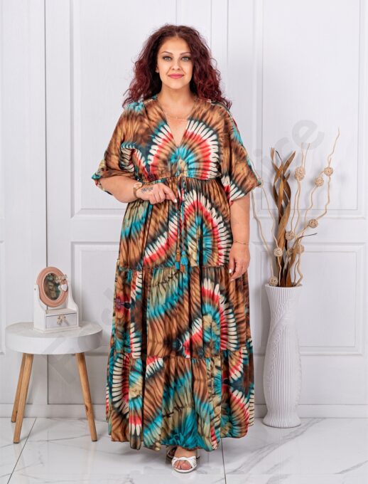 Plus size μεταξωτό φόρεμα πολύχρωμο-καφέ-κωδ 10655