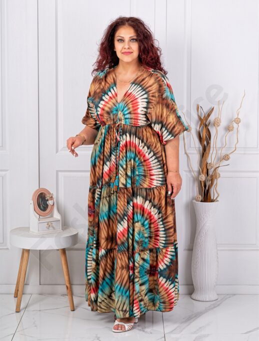 Plus size μεταξωτό φόρεμα πολύχρωμο-καφέ-κωδ 10655