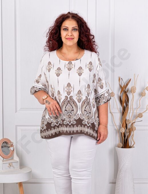 Plus size μπλούζα με μπαρόκ μοτίβα-καφέ-κωδ 3791-2