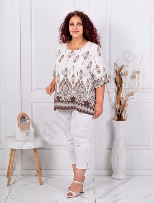 Plus size μπλούζα με μπαρόκ μοτίβα-καφέ-κωδ 3791-2