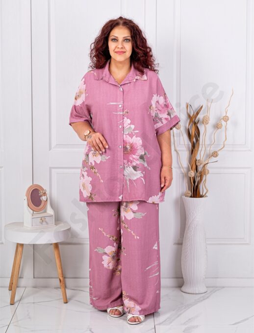 Plus size σετ πουκάμισο/παντελόνι φλοράλ-ροζ-κωδ 24589-2