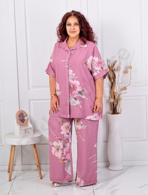 Plus size σετ πουκάμισο/παντελόνι φλοράλ-ροζ-κωδ 24589-2