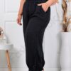 Plus size λινό παντελόνι με λεπτομέρεια δαντέλα-μαύρο-κωδ 62236