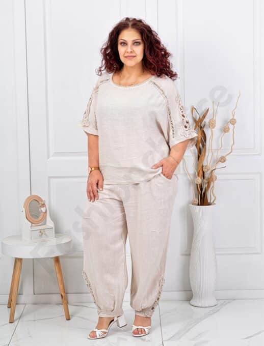 Plus size λινό σετ με λεπτομέρειες δαντέλα-εκρού-κωδ 160/236-5