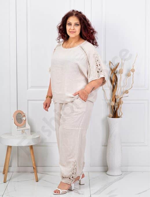 Plus size λινό σετ με λεπτομέρειες δαντέλα-εκρού-κωδ 160/236-5