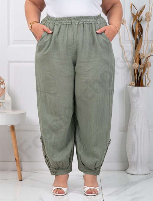 Plus size λινό παντελόνι με λεπτομέρεια δαντέλα-χακί-κωδ 62236-3