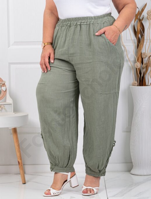 Plus size λινό παντελόνι με λεπτομέρεια δαντέλα-χακί-κωδ 62236-3