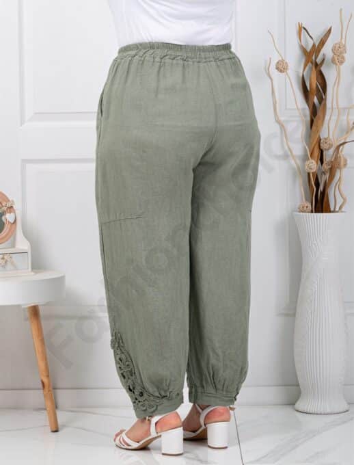 Plus size λινό παντελόνι με λεπτομέρεια δαντέλα-χακί-κωδ 62236-3
