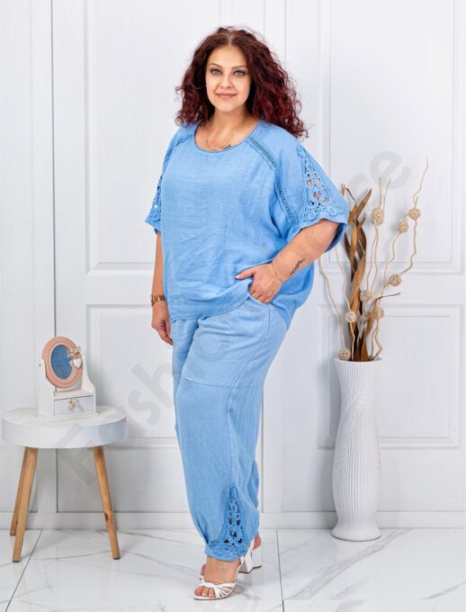 Plus size λινό σετ με λεπτομέρειες δαντέλα-γαλάζιο-κωδ 160/236-3